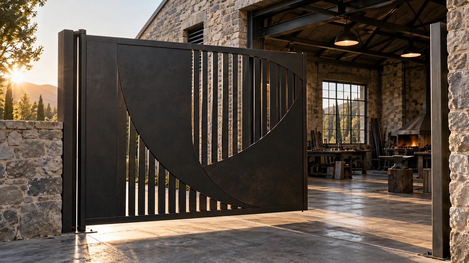 Porta metàl·lica negra conceptual en un accés de pedra